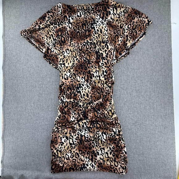 Delusional Mini Bodycon‎ Sexy Dress Animal Print Ruched Small Flutter Sleeves - Picture 9 of 11